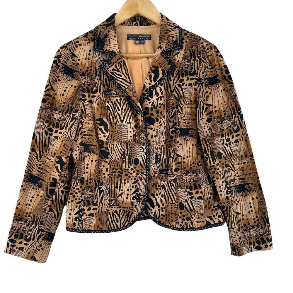 Muse Boston Proper Blazer Jacket Womens 8 Brown Animal Print Cotton Lightweight